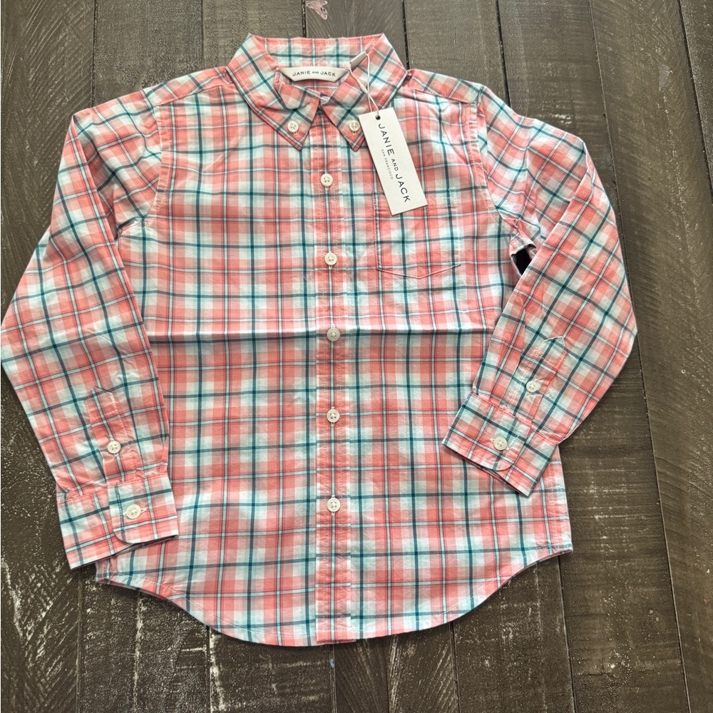 JANIE AND JACK‎ NWT Boys Size 4 Plaid Button Down Shirt Peach Blue Aqua